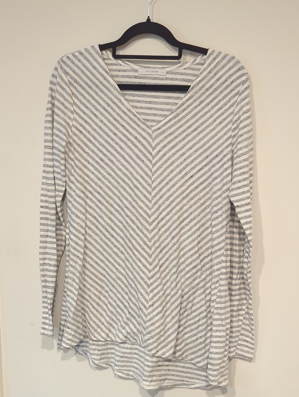 cut loose White & Light Gray Striped V-Neck Long Sleeve Tee